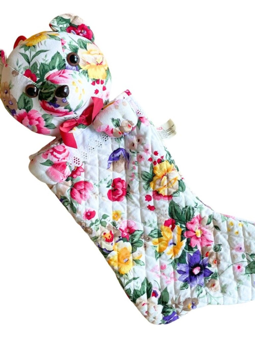 Entire Closet $5! VTG Milaca Mills Floral Quilted Teddy Bear Christmas Stocking - Picture 1 of 10